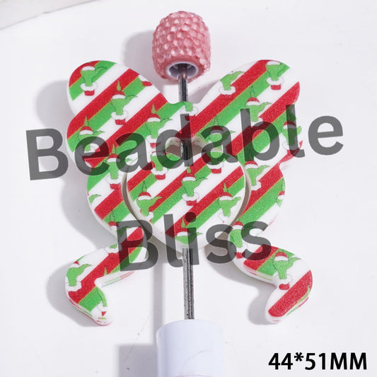 Christmas Green Character and Red White Green Stripe Silicone Focal Beads, Bowtie and Heart, 44*51MM