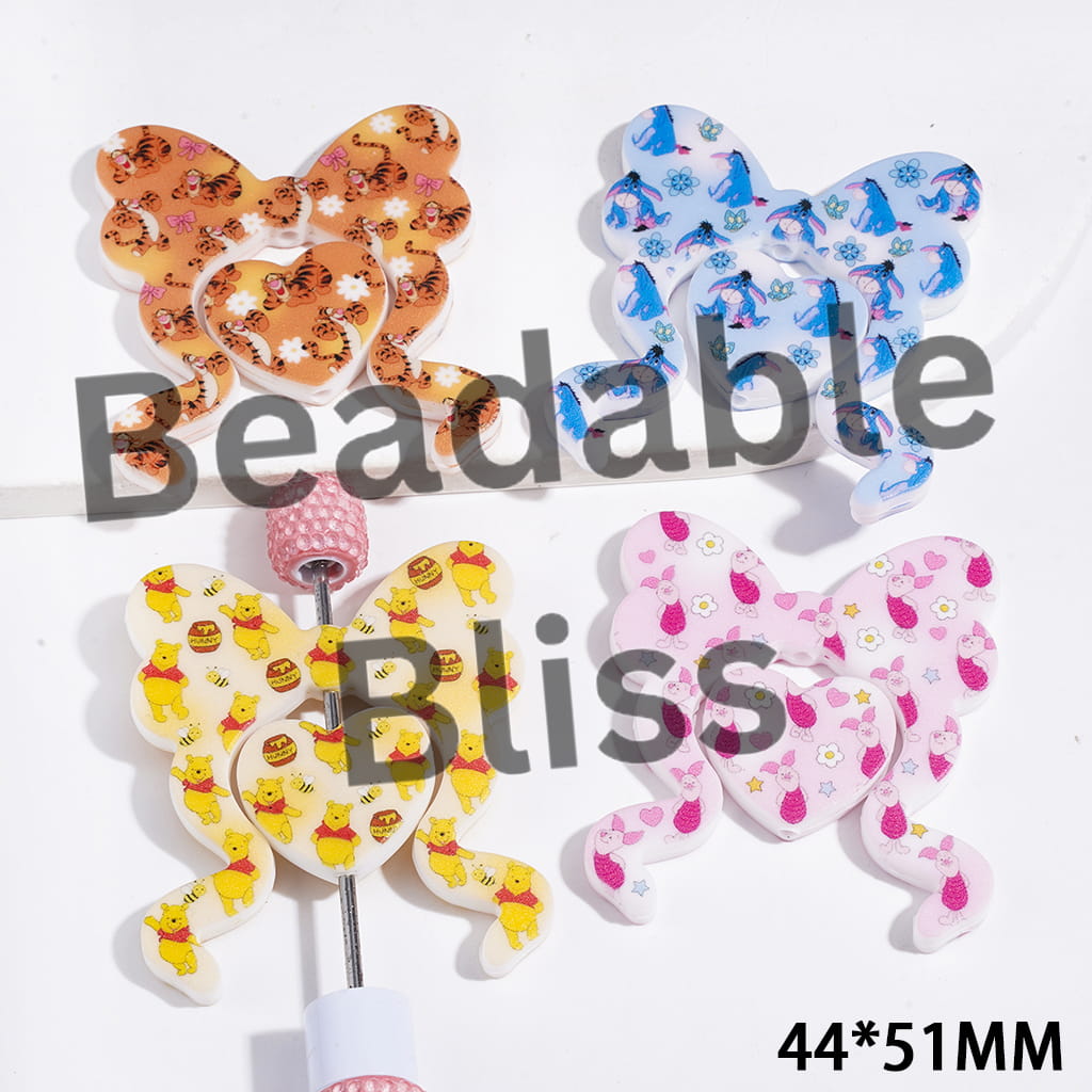 Cartoon Characters with Tiger Pig Bear Donkey Silicone Focal Beads, Bowtie and Heart, 44*51MM Random Mix