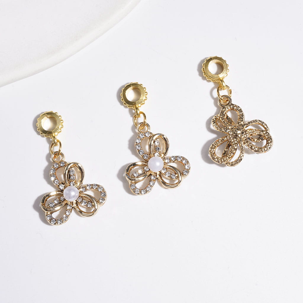 Charm Pendants Hollowed Three-Petaled Flower with White Pearl and Clear Rhinestones, Gold Alloy Bail Beads for DIY Jewelry Accessories