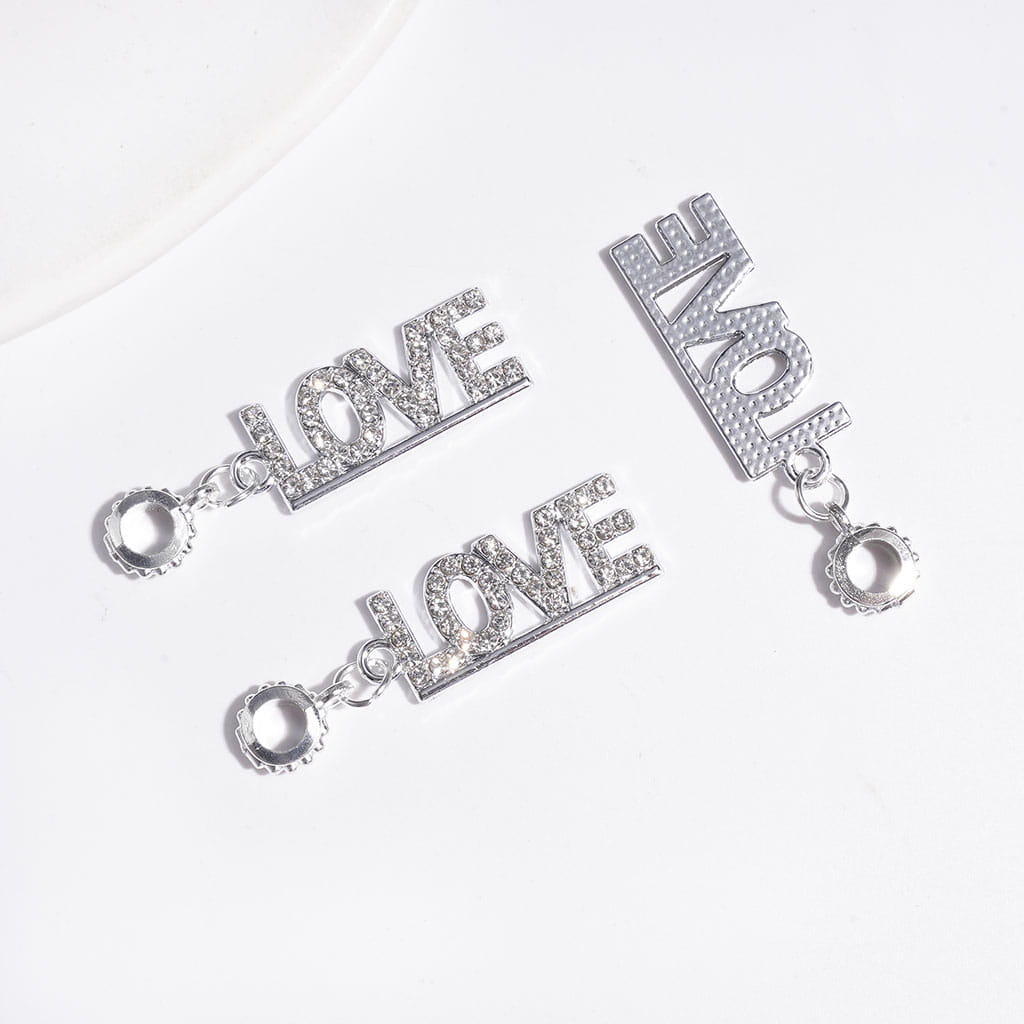Silver Metal Bail Loop Beads, Hanging Charms and Pendants Text "LOVE" with Clear Rhinestones, Jewelry Accessories