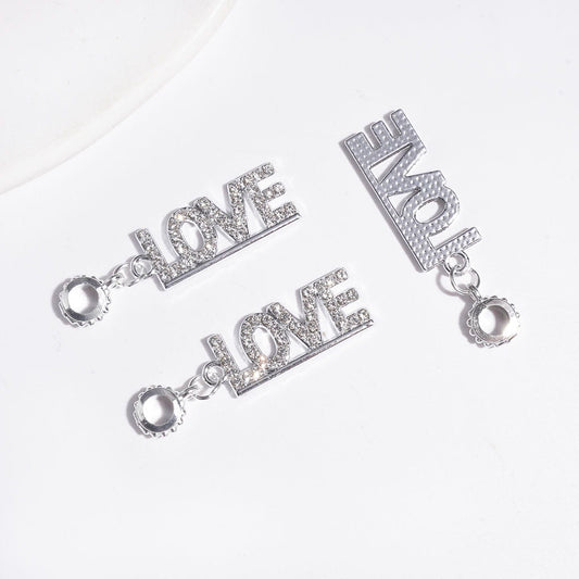 Silver Metal Bail Loop Beads, Hanging Charms and Pendants Text "LOVE" with Clear Rhinestones, Jewelry Accessories