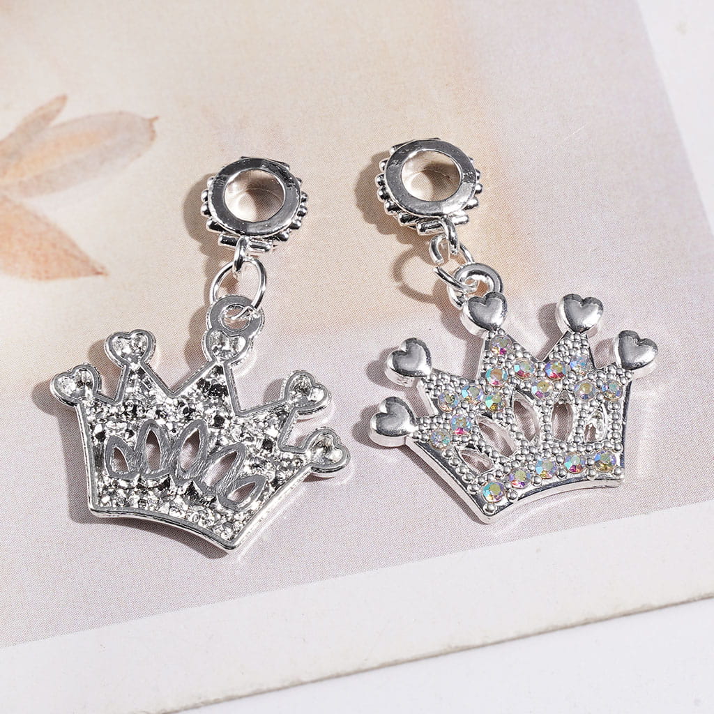 Silver Alloy Bail Beads Crown with Heart and AB Rhinestones, Charm Pendants Jewelry Accessories