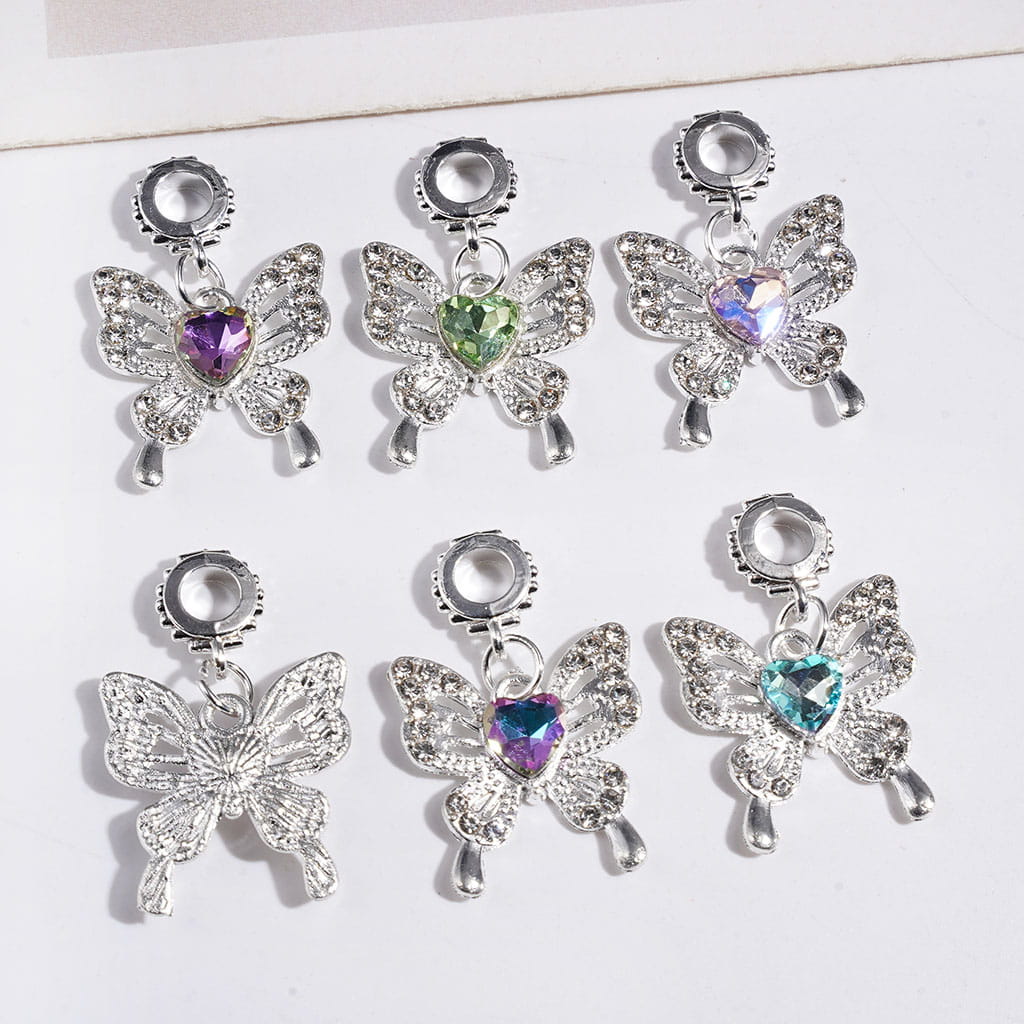 Alloy Bail Beads with Charms Pendants Butterfly, with Clear and Hear Shaped Rhinestones, Jewelry Accessories, Multi-Color Random Mix