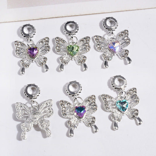 Alloy Bail Beads with Charms Pendants Butterfly, with Clear and Hear Shaped Rhinestones, Jewelry Accessories, Multi-Color Random Mix
