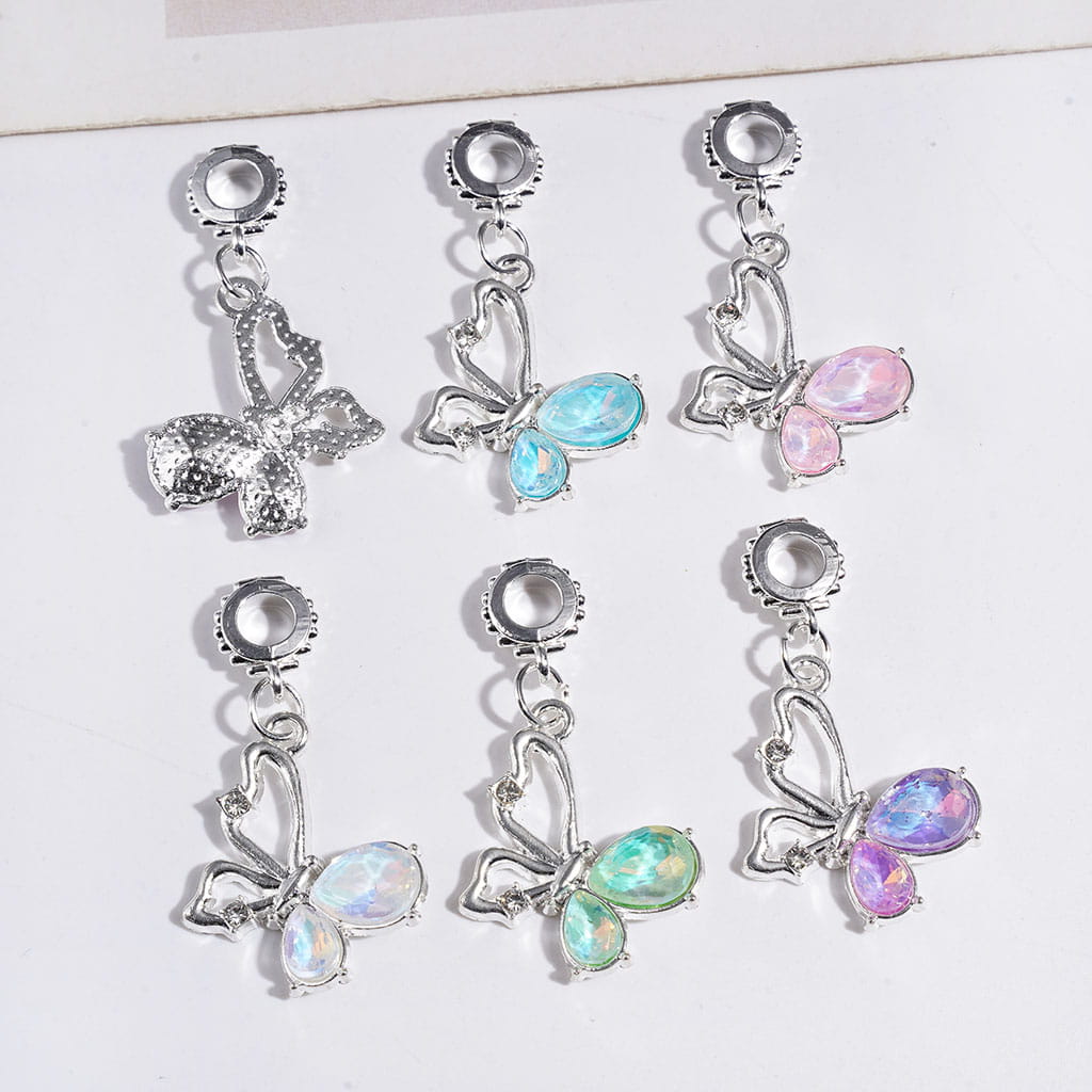 Alloy Bail Beads with Charms Pendants Butterfly, with Clear and Wate Drop Shaped Rhinestones, Jewelry Accessories, Multi-Color Random Mix