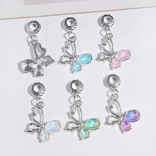 Alloy Bail Beads with Charms Pendants Butterfly, with Clear and Wate Drop Shaped Rhinestones, Jewelry Accessories, Multi-Color Random Mix