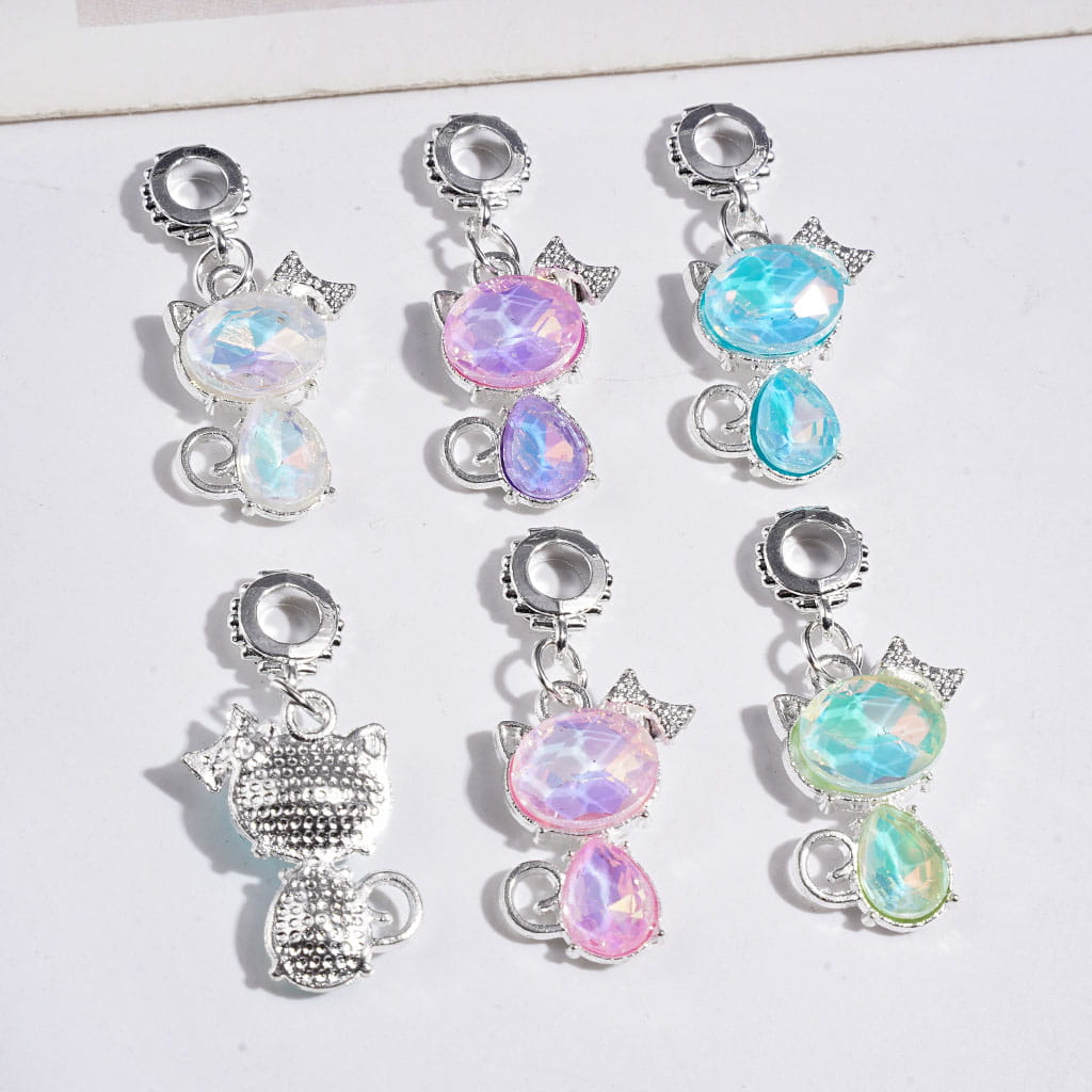 Silver Alloy Bail Beads Cat with Bowtie, Wate Drop and Oval Shaped Rhinestones, Charm Pendants Jewelry Accessories, Multi-Color Random Mix