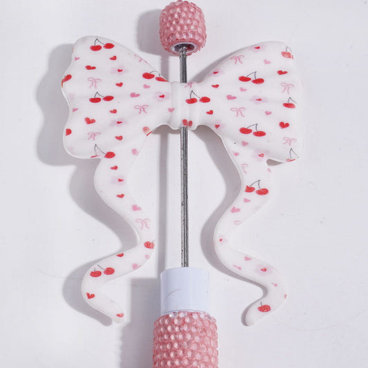 Silicone Focal Beads Bowtie with Long Ribbon and Cherry Bowtie Heart Flower, 59*70MM