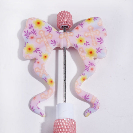 Silicone Focal Beads Bowtie with Long Ribbon and Cross Flower, 59*70MM