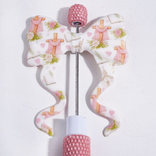 Silicone Focal Beads Bowtie with Long Ribbon, Church Bible Rose Flower Cross with Pink Scarves, 59*70MM