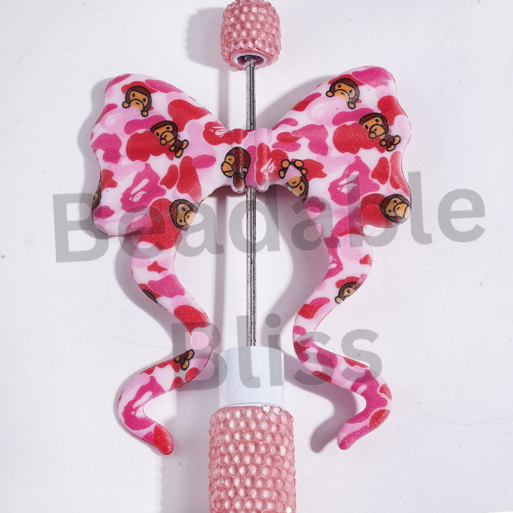 Silicone Focal Beads Bowtie with Long Ribbon, Mokey and Pink Red Leopard Print, 59*70MM