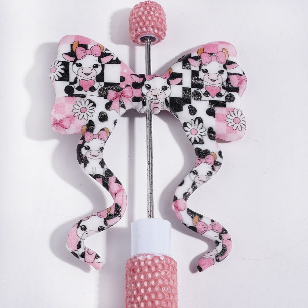 Silicone Focal Beads Bowtie with Long Ribbon, Black and White Cheak and Cow with Pink Bowtie Flower Print, 59*70MM