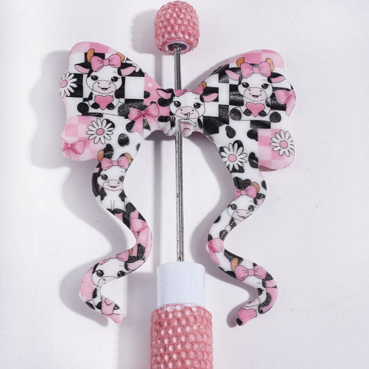 Silicone Focal Beads Bowtie with Long Ribbon, Black and White Cheak and Cow with Pink Bowtie Flower Print, 59*70MM