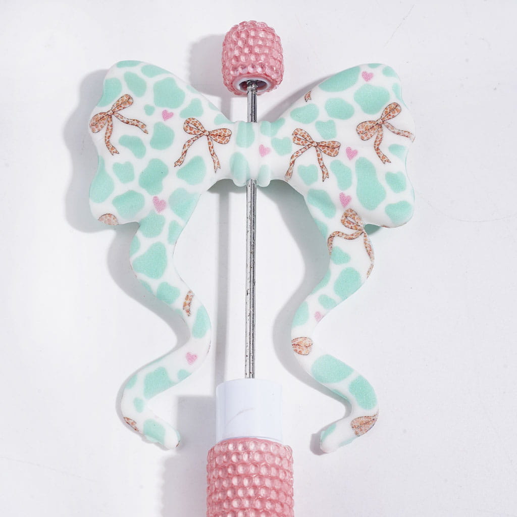 Silicone Focal Beads Soft Bowtie, Bowknot with Long Ribbon and Mint Green Leopard and Bowtie Print, 59*70MM