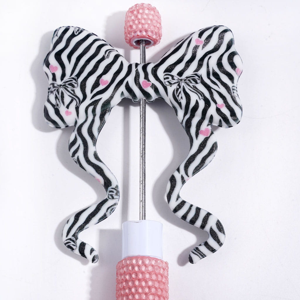 Silicone Focal Beads Soft Bowtie, Bowknot with Long Ribbon and Black White Stripe and Pink Heart Print, 59*70MM
