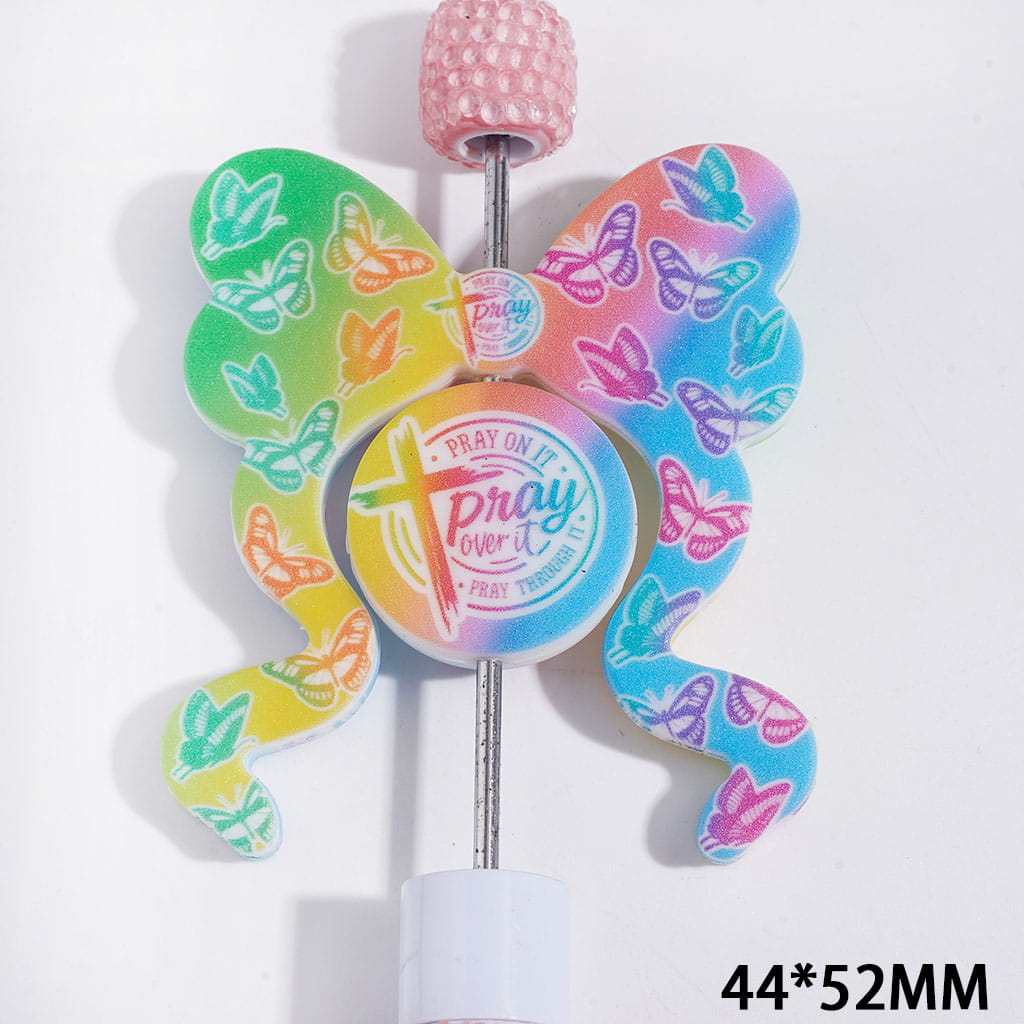 Silicone Focal Beads with Grandient Butterfly and Cross and Text, Flat Rond Shape and Bowtie, 44*52MM