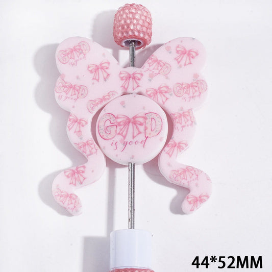 Silicone Focal Beads with Pink Bowtie and Text, Flat Rond Shape and Bowtie, 44*52MM