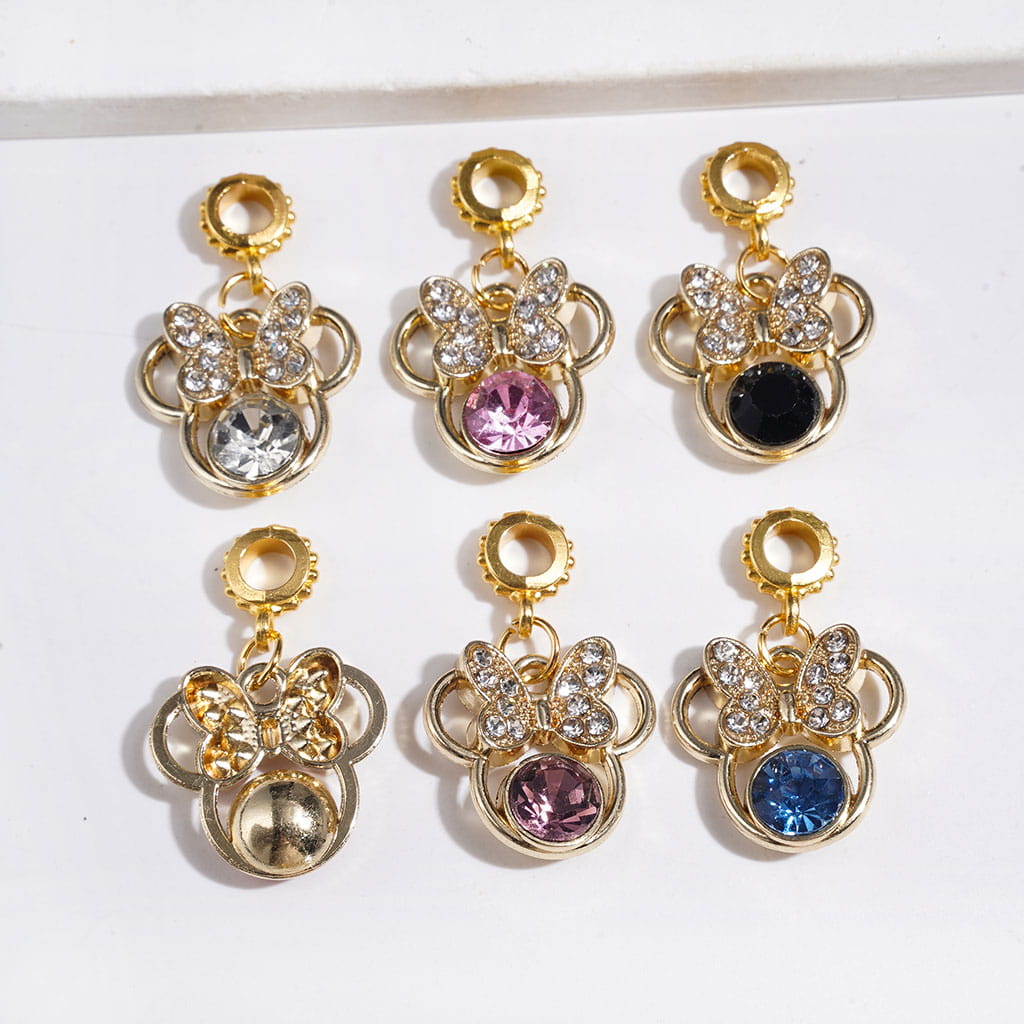 Gold Metal Bail Loop Beads, Hanging Charms and Pendants Mouse Head with Butterfly and Crystal, Jewelry Accessories, Various Colors, Random Mix