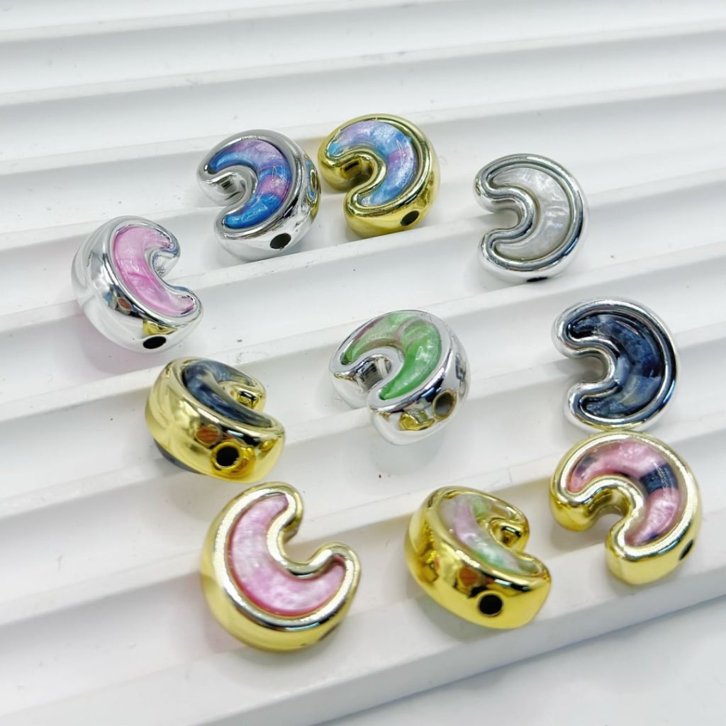 Gold Silver Color Crescent Moon Acrylic Beads Colorful Rhinestone Inside, 15*13MM