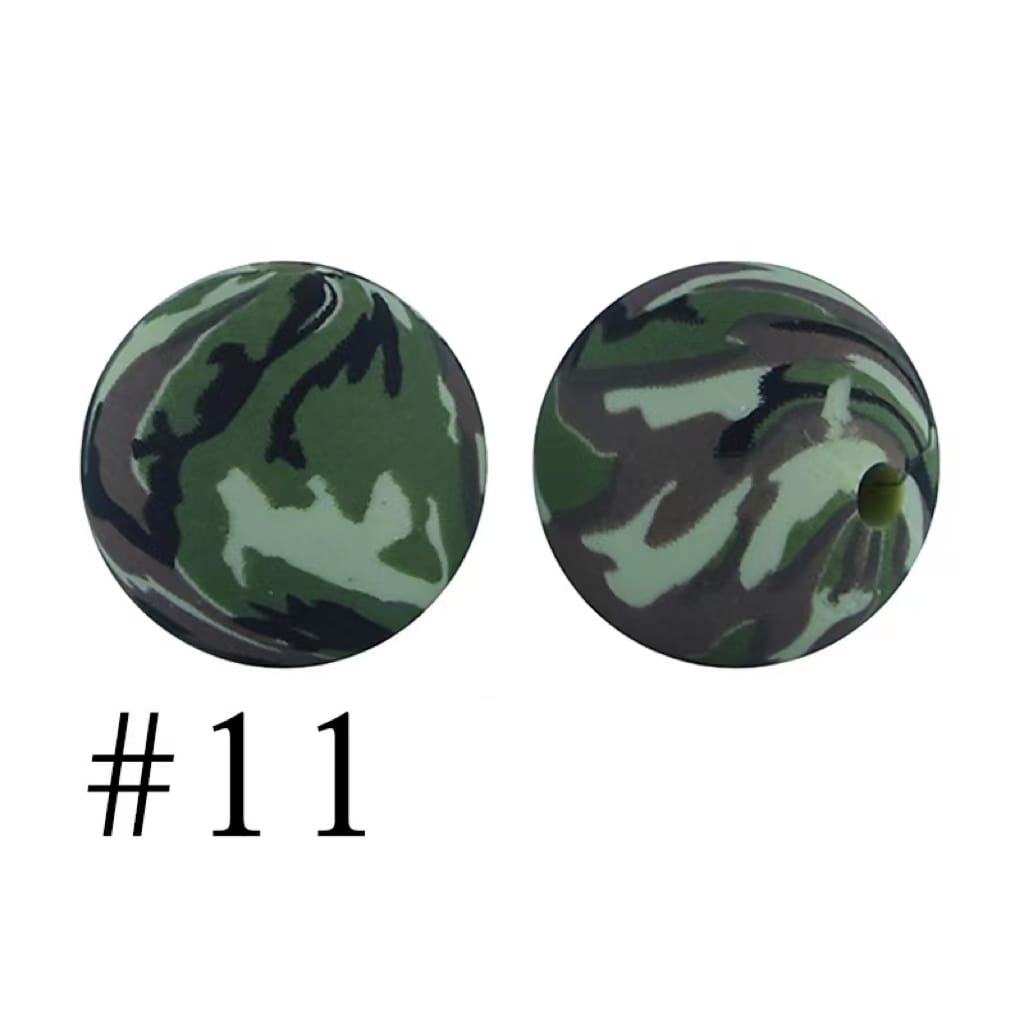Camo Silicone Beads, Green Camouflage Pattern Printed Silicone Beads, Size 15mm