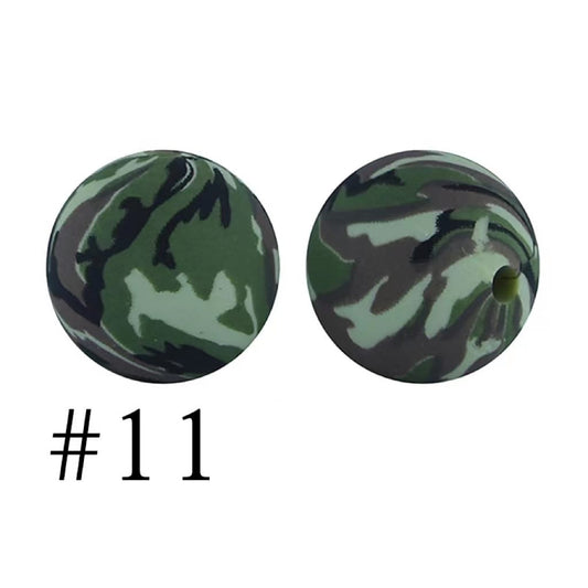 Camo Silicone Beads, Green Camouflage Pattern Printed Silicone Beads, Size 15mm