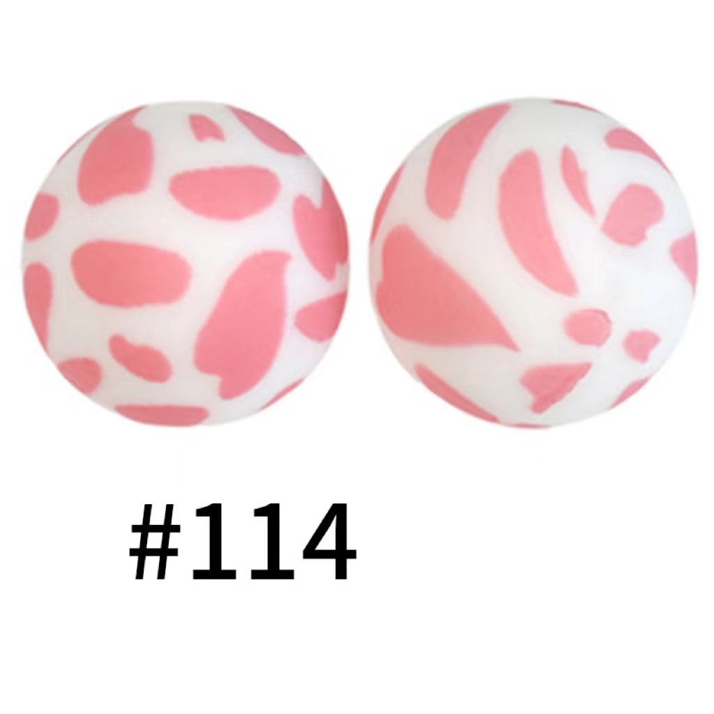 Pink White Pattern Printed Silicone Beads Number 114
