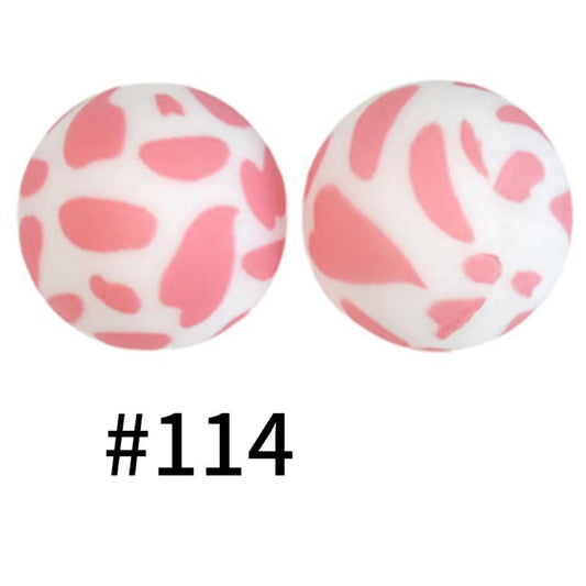 Pink White Pattern Printed Silicone Beads Number 114