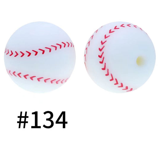 Baseball Beads, Ball Shape Printed Silicone Beads, White Color, 15mm