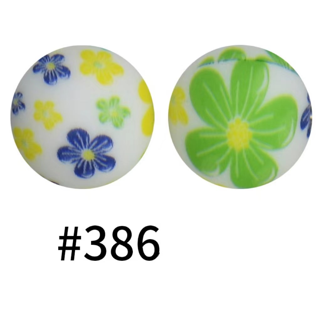 Green Blue Flowers Printed Silicone Beads Number 386