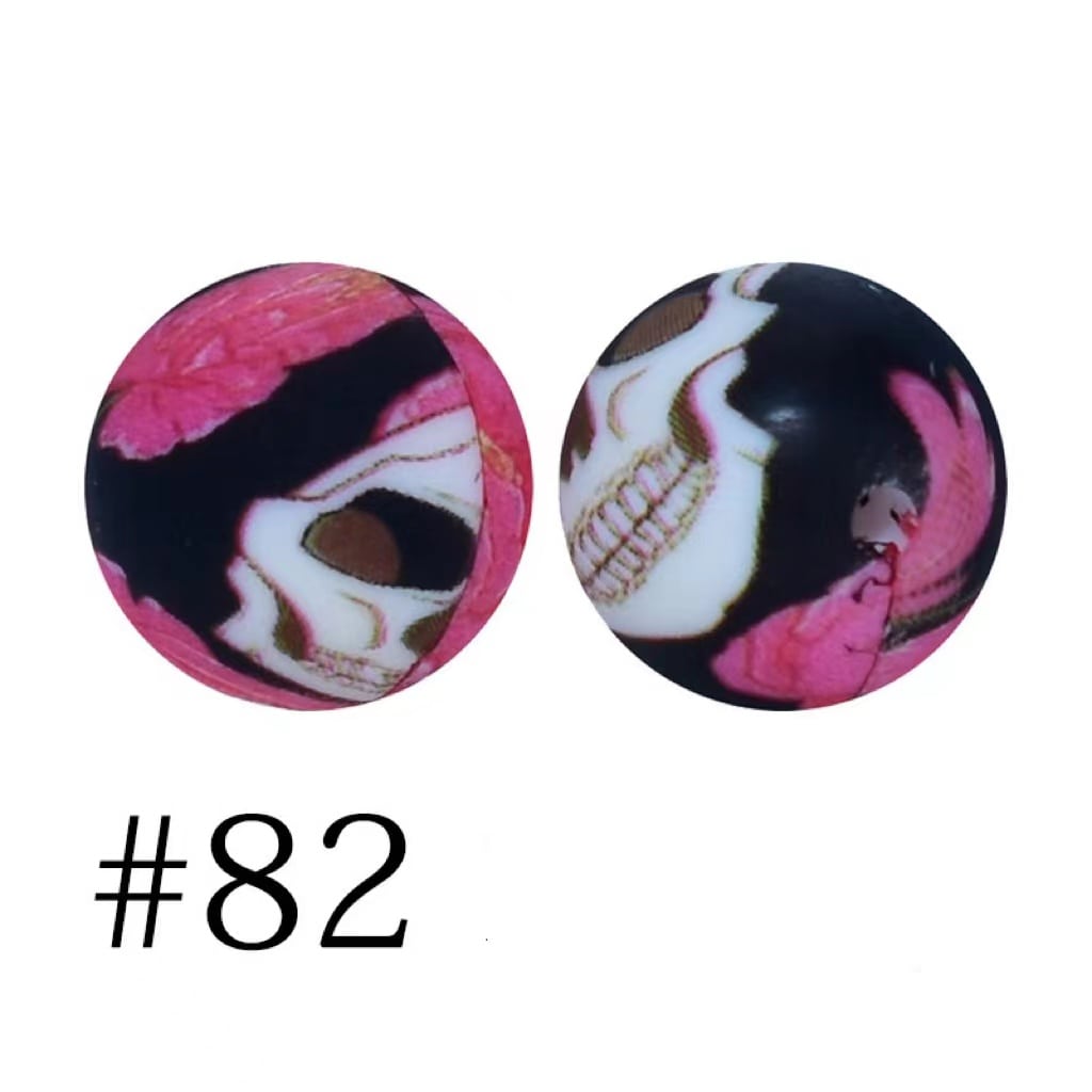 Pink Flower Skull Printed Silicone Beads Number 82